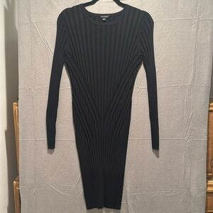 Ann Taylor Black Ribbed Fitted Long Sleeve Contour Bodycon Dress - Mid-Thigh - M
